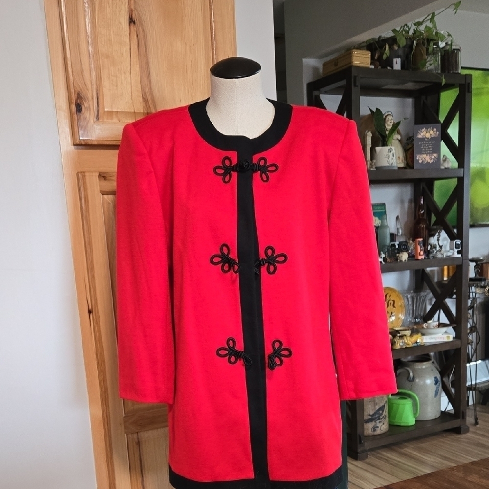 Vintage Oleg Cassini Red Wool Blend Blazer Jacket Black Toggles Womens Size 14